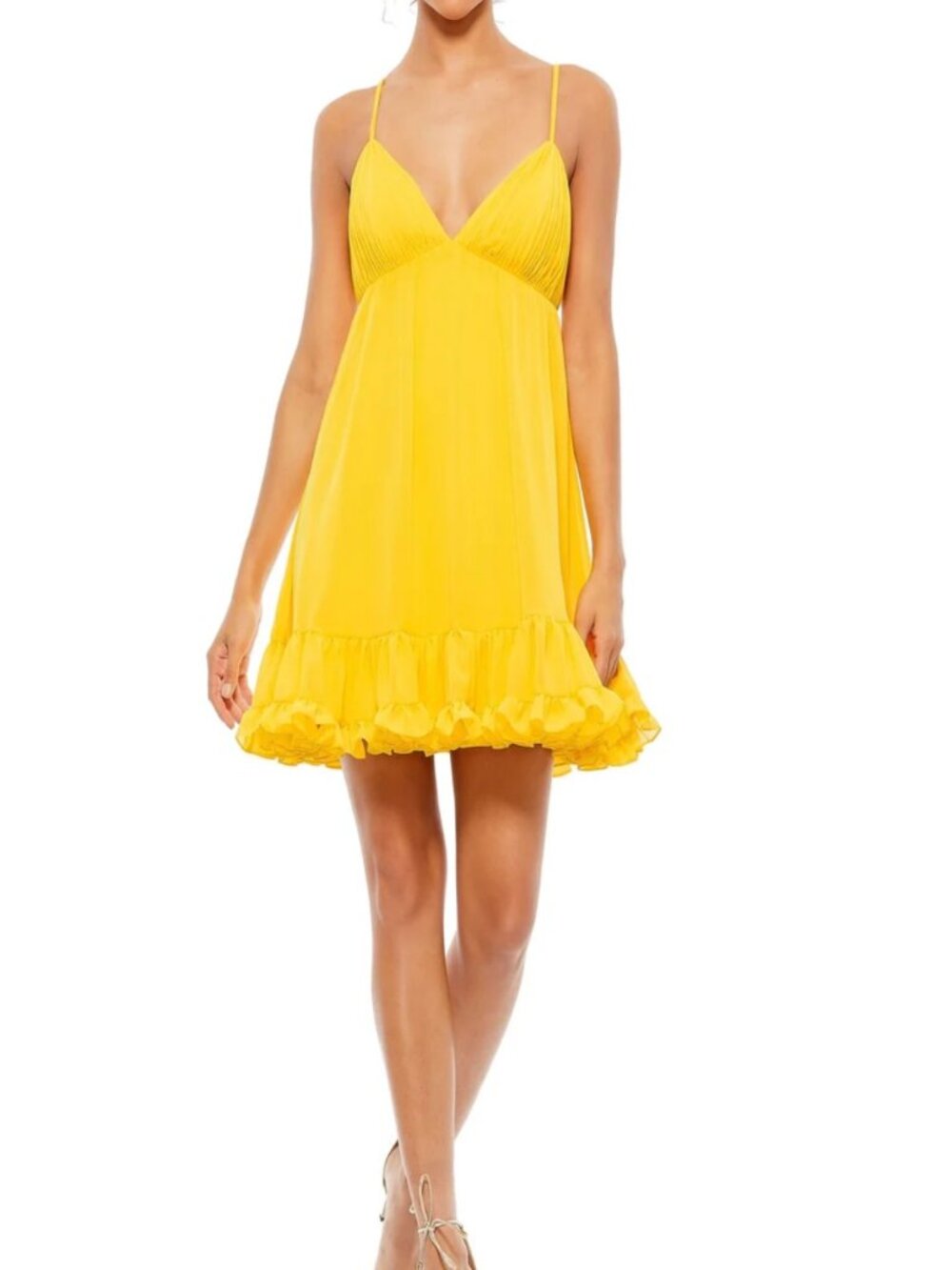 Mac Duggal Ruffle V-Neck Criss-Cross Mini Dress in Marigold - Multiple Sizes